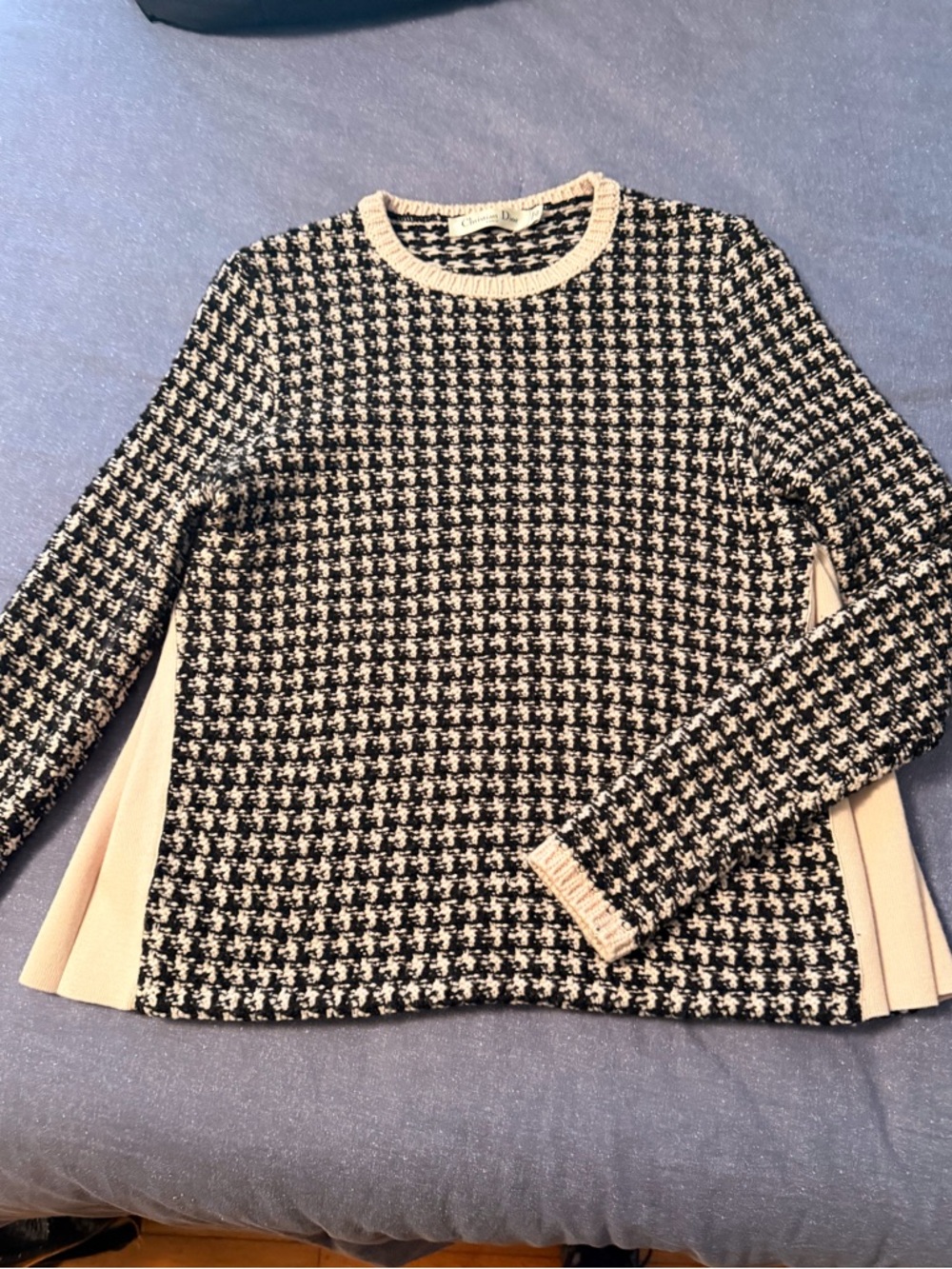 Dior Black and Cream Houndstooth Knit Sweater with Pink Trim